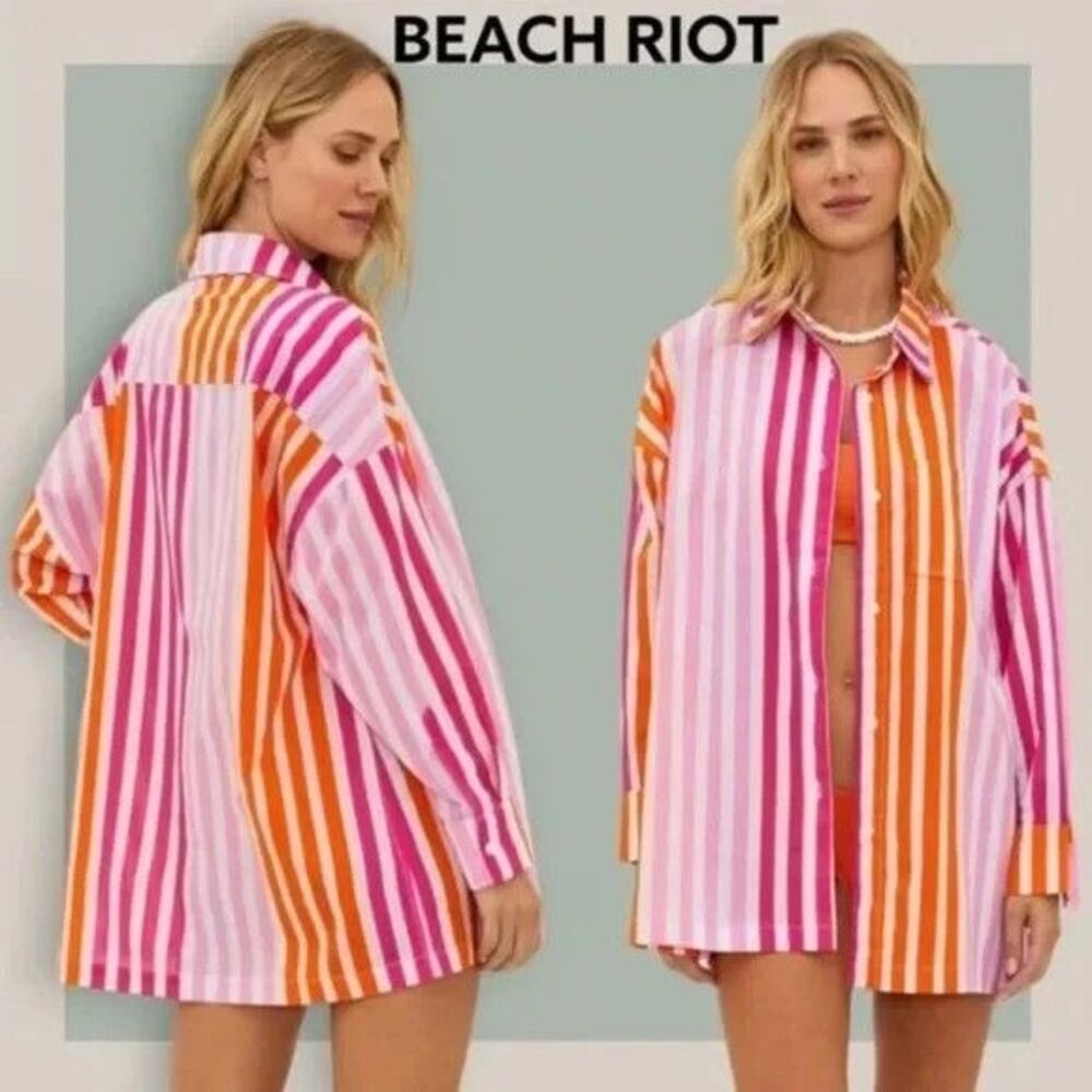 Beach Riot Women's Alexa Button Down Top NC3 Sunset Stripes Size L/XL NWT